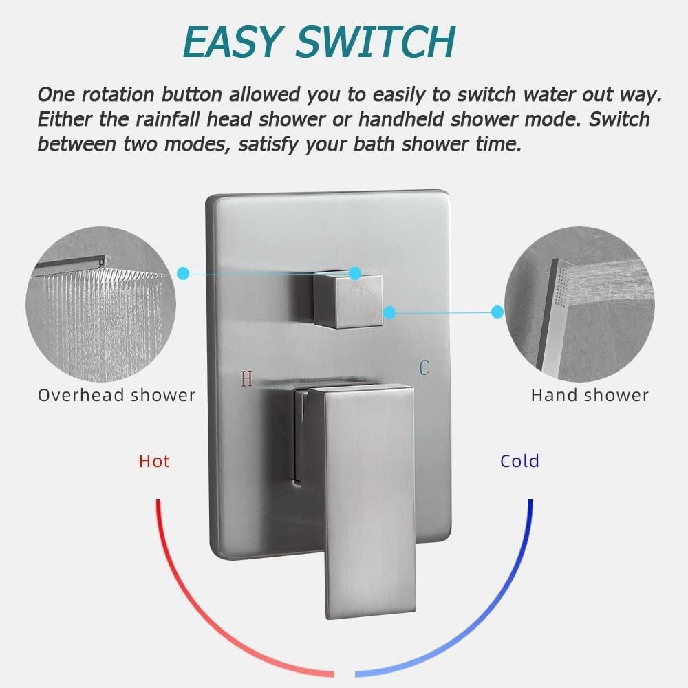 Heable Brushed Nickel Shower System 12 Inches Bathroom Luxury Rain Shower Head with Handheld Combo Set Wall Mounted High Pressure Rainfall Shower Head System Shower Faucet Set with Valve and Trim