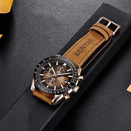 BENYAR Mens Watches Quartz Movement Chronograph Leather Strap Fashion Business Sport Design 30M Waterproof Scratch Resistant Elegant Gifts for Men