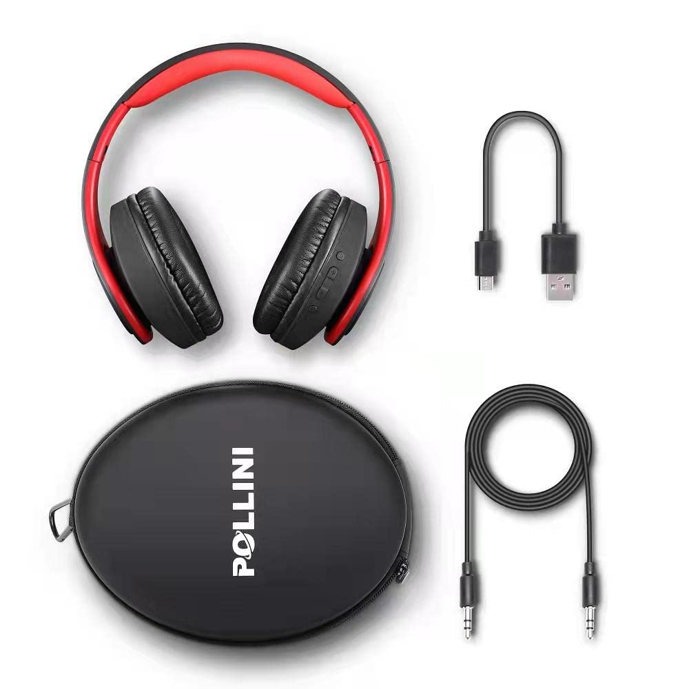 Bluetooth Headphones Wireless, pollini 40H Playtime Foldable Over Ear Headphones with Microphone, Deep Bass Stereo Headset with Soft Memory-Protein Earmuffs for iPhone/Android Cell Phone/PC(Black-Red)