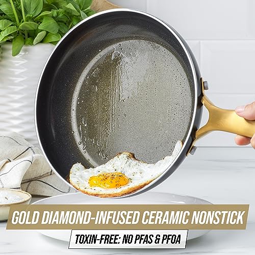 Blue Diamond Gold 10 Piece Cookware Set,Ceramic Nonstick, PFOA Free, Induction Suitable, Dishwasher Safe, Gold Handle, Black