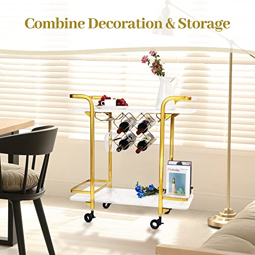 Jubao Deluxe Gold Bar Cart, 2-Tier Premium Texture Bar Cart for Kitchen and Dining Room Outdoor, with Glass Holders and 5 Wine Racks, Modern Marbled Solid Wood Cart on Silent Wheels