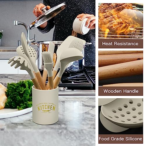 Kitchen Cooking Utensils Set, 14 Non-Stick Silicone Cooking Kitchen Utensils Spatula Set with Holder, Wooden Handle Silicone Kitchen Gadgets Utensil Set for Nonstick Cookware (Khaki)