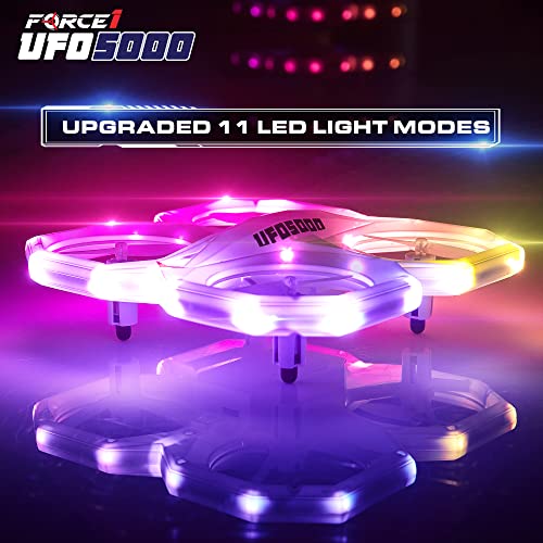 Force1 UFO 5000 Mini Drone for Kids - LED Remote Control Drone Flying Toy, Small RC Quadcopter for Beginners with Leds, 2.4 GHz Remote Control, 360 Flips, 11 LED Modes, 3 Speeds, 2 UFO Drone Batteries