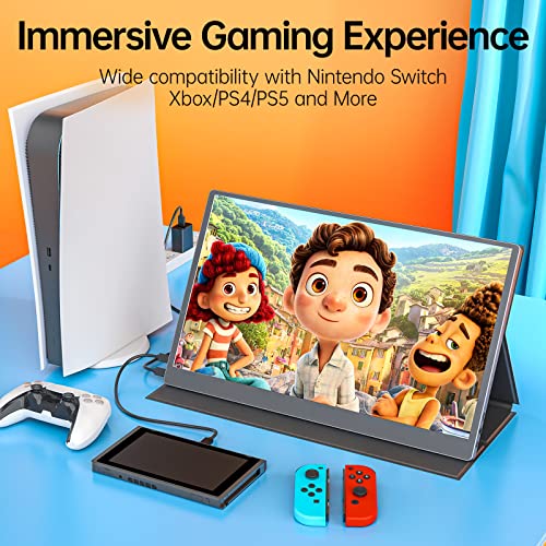 Upperizon Portable Monitor 15.6 Inch 1080P IPS Travel Monitor with Speaker Mini HDMI Dual USB-C Portable Monitor for Laptop MacBook PC Surface Xbox Switch PS5 with Cover