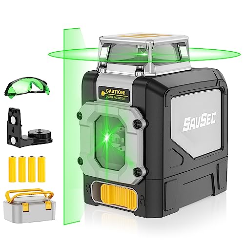 SAVSEC 901CG Self-Leveling Laser Level, 360° Cross-Line Laser Green-Beam with Pluse Mode, Magnetic Pivoting Base, Laser Enhancement Glasses Included