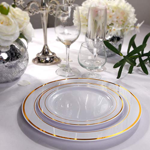I00000 300 Pcs Gold Plastic Plates with Gold Silverware, White&Gold Plastic Dinnerware Set for Party include: 60Dinner Plates 10.25", 60Dessert Plates 7.5", 60 Gold Silverware Sets
