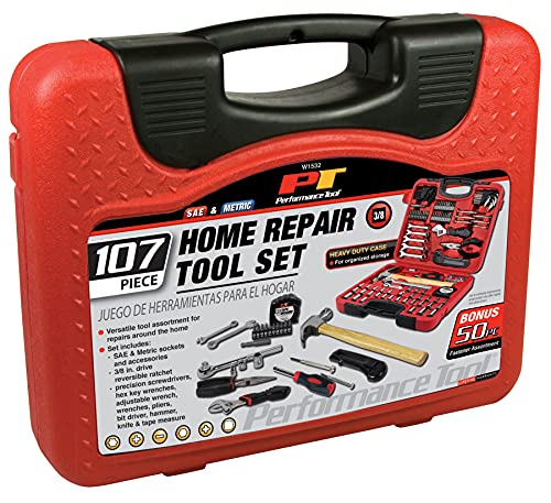 Performance Tool W1532 107pc Home & Auto Tool Set, Hand Tools - Tool Sets , Red