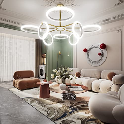 OUQI Ceiling Light Fixture,Modern 8 Lights Fixtures Ceiling Mount, Matte Gold Finish,7000K Dimmable Ceiling Lights with Remote DIY Light Fixture LED Chandelier for Bedroom Living Room Kitchen
