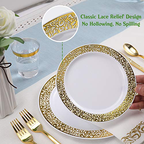 175 Piece Gold Dinnerware Set 25 Guest-50 Gold Lace Plastic Plates-25 Gold Plastic Silverware-25 Gold Plastic Cups-25 Linen Like Gold Paper Napkins, FOCUSLINE Disposable Dinnerware Set