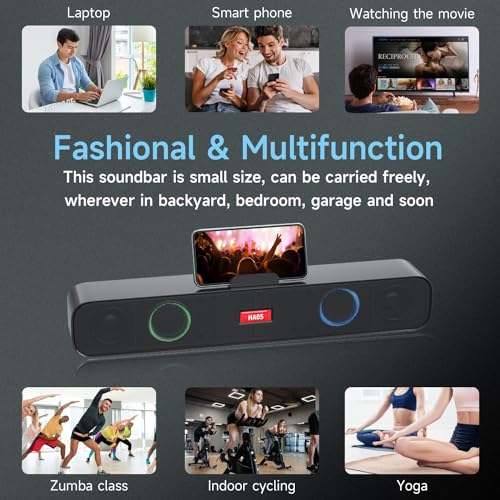 HI-PLANX Speakers with Phone Holder,Stereo Sound Bar Laptop Speaker for Desktop/Laptop/PC/Pad/Cellphone, Colorful Gradient Lighting Soundbar, USB Desktop Speaker Plug and Play