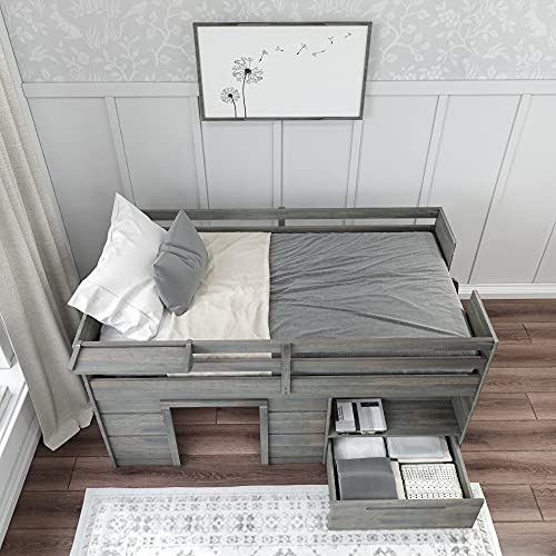 Max & Lily Modern Farmhouse Low Loft Bed, Twin Bed Frame for Kids with 1 Drawer, Driftwood