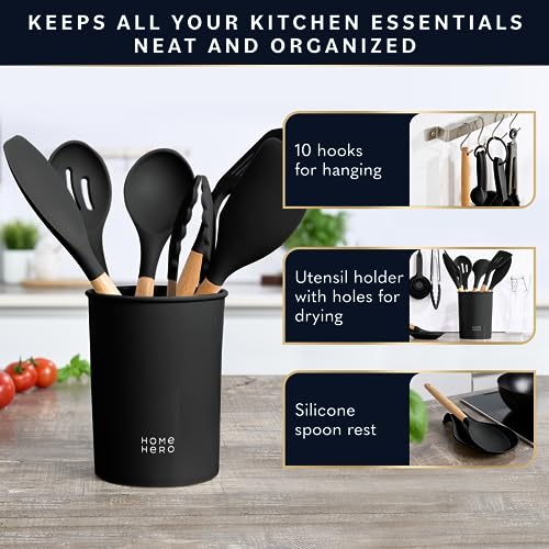 Home Hero 33 Pcs Silicone Kitchen Utensils Set, Non-Stick Silicone Cooking Utensils Set with Holder, Wooden Handle Spatula, Silicone Kitchen Gadgets Utensil Set (33 Pcs Set - Black)