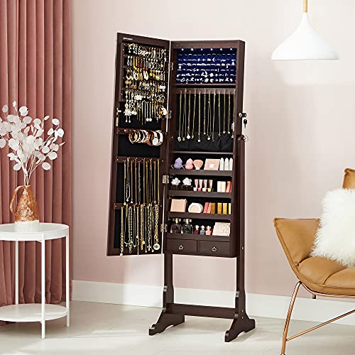 SONGMICS Mirror Jewelry Cabinet with 6 LED Lights, Lockable Standing Mirrored Armoire Organizer, 2 Drawers, Brown UJJC94K