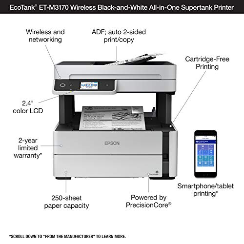 Epson EcoTank ET-M3170 Wireless Monochrome All-in-One Supertank Printer with ADF, Fax and Ethernet PLUS 2 Years of Unlimited Ink*, White