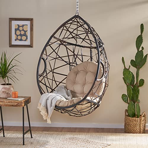 Christopher Knight Home Isaiah Indoor/Outdoor Wicker Tear Drop Hanging Chair (Stand Not Included), Multi-Brown and Tan