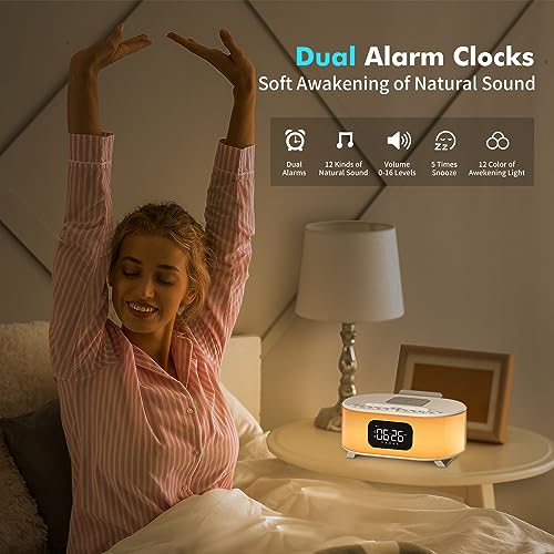 Digital Alarm Clock, Wireless Charger, Bluetooth Speaker, Snooze, Dual Alarms Sleep Timer 12 24H, Natural Sounds, Adjustable Night Light for Bedroom with 12 Colors, Ideal Gift for Heavy Sleepers