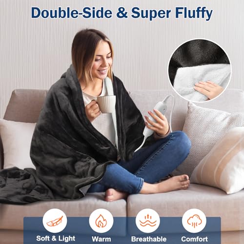 Heated Blanket Electric Throw, 50" x 60" Electric Blanket, 10 Heat Levels & 1-8hrs Timer Auto-Off, ETL Certified, Mashine Washable, Full Body Soft Flannel Sherpa Heating Blankets for Home Bed Office