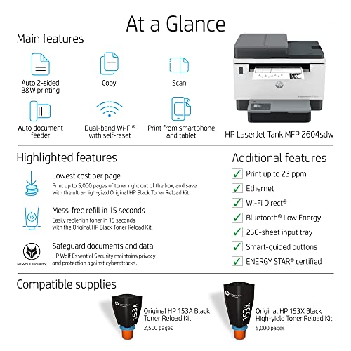 HP LaserJet-Tank MFP 2604sdw Wireless Black & White Printer Prefilled With Up to 2 Years of Original HP-Toner (381V1A)