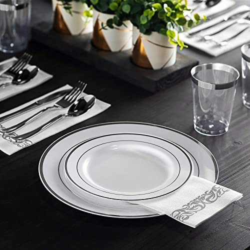 600 Piece Silver Dinnerware Set -100 Silver Rim 10 inch Plastic Plates 100 Silver Rim 7 Inch Plates -300 Silver Plastic Silverware -100 Silver Plastic Cups -100 Guest Disposable Silver Dinnerware Set