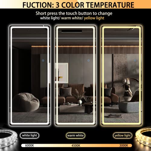 Hasipu Full Length Mirror with Lights, 44" x 16" LED Lighted Wall Mounted Mirror, Over The Door Hanging Mirror, Light Up Full Body Mirror, Long Dressing Mirror Black