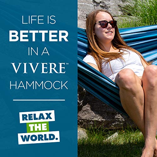Vivere Double Cotton Hammock with Space Saving Steel Stand, Blue Lagoon (450 lb Capacity - Premium Carry Bag Included)