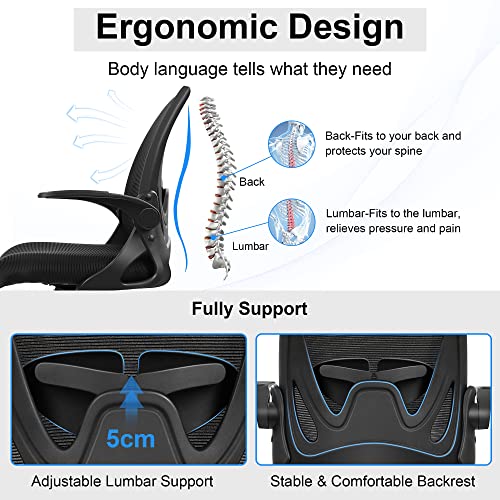 Primy Office Ergonomic Desk Chair with Adjustable Lumbar Support and Height, Swivel Breathable Mesh Computer Chair with Flip up Armrests for Conference Room (Black)