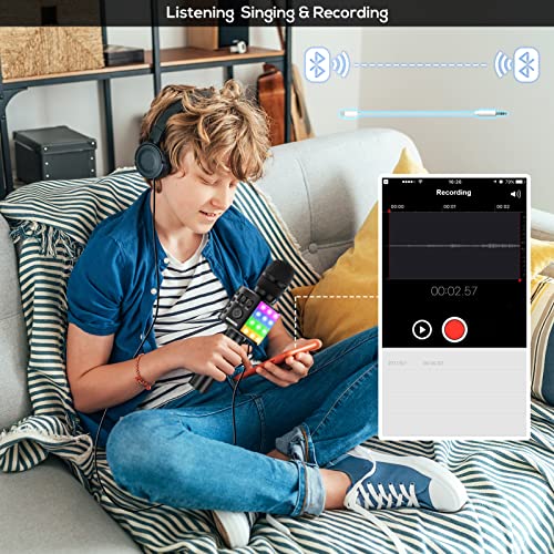 BONAOK Karaoke Microphone for Kids Adults Wireless Mic with Bluetooth Speaker Rechargeable Portable Handheld Echo Microphones with Disco Light for Party Home Outdoor Speaking Singing,Q37L (Black)