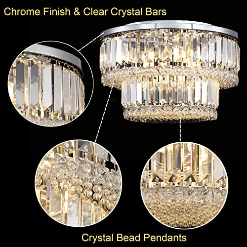 Berliget Chrome Crystal Flush Mount Chandelier, Modern Round Crystal Ceiling Light Fixture, Bling Silver Raindrop Ceiling Lamp for Closet Bedroom Living Room Dining Room, 2 Tier 6 Llight H10 x D16