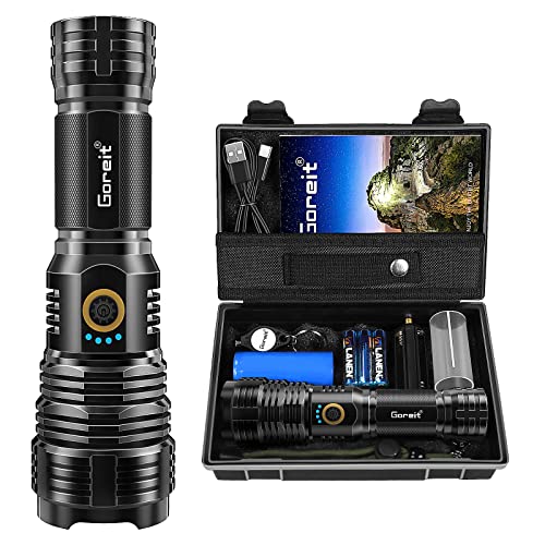 Goreit Flashlights LED High Lumens Rechargeable, 20000 Lumens XHP70.2 Super Bright Flashlight, Flash Light Battery Powered, Powerful Handheld Flashlights with holster for Emergency Camping Hiking Gift