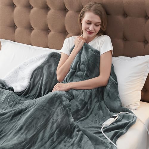 Electric Heated Blanket Heating Throw 50"x 60",Thick Soft Warming Plush Electric Lap Sherpa Blanket for Adults with 5-Position Timer &10 Heating Levels,Machine Washable(Grey)