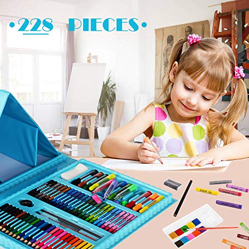 Art Supplies, KINSPORY 228 Pack Art Sets Crafts Drawing Coloring kit, Double-Side Trifold Art Easel, Oil Pastels, Crayons, Colored Pencils, Creative Gift for Beginners Artists Girls Boys Kids (Blue)