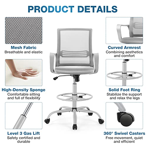 Drafting Chair Standing Desk Chair Tall Office Chair Counter Height Office Chairs with Armrests High-Density Sponge Thicker Seat for Bar Height Desk, Light Grey