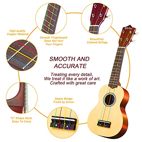 Everjoys Soprano Ukulele Beginner Pack-21 Inch w/Rainbow String Free Online Lesson Gig Bag Fast Learn Songbook Digital Tuner Pick All in One Kit