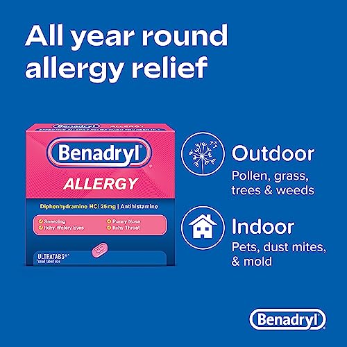 Benadryl Ultratabs Go Packs, Antihistamine Allergy Medicine Tablets with Diphenhydramine HCl, Convenient for Travel & On-The-Go Cold & Allergy Relief, 60 Packets of 2 Tablets