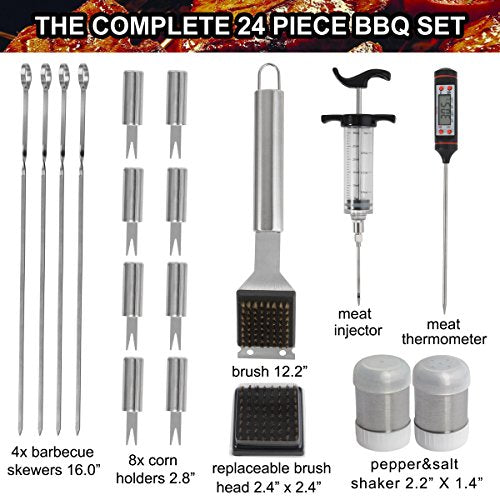 grilljoy 24PCS BBQ Grill Tools Set with Meat Thermometer and Injector - Extra Thick Stainless Steel Spatula, Fork& Tongs - Complete BBQ Accessories in Aluminum Case - Perfect Grill Gifts for Men