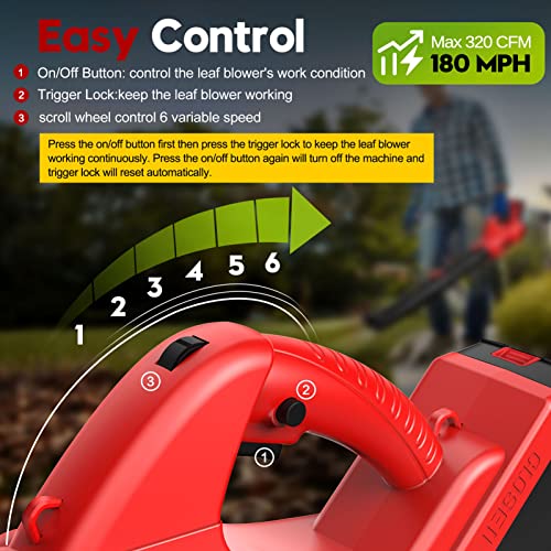 Electric Leaf Blower Cordless 21V, 320 CFM 180 MPH Battery Powered Leaf Blower with 4000mAh Battery and Charger, 2 Section Tubes, 6-Speed Dial Control Leaf Blowers for Lawn Care, Snow, Debris, Dust