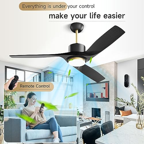 52 Inch Black Ceiling Fans with Lights Remote Control, Modern Large Outdoor Ceiling Fan with Dimmable LED Light, Reversible DC Motor, High CFM Outdoor Solid Wood Ceiling Fans for Patios Gazebo Bedroom