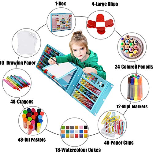Art Supplies, KINSPORY 228 Pack Art Sets Crafts Drawing Coloring kit, Double-Side Trifold Art Easel, Oil Pastels, Crayons, Colored Pencils, Creative Gift for Beginners Artists Girls Boys Kids (Blue)