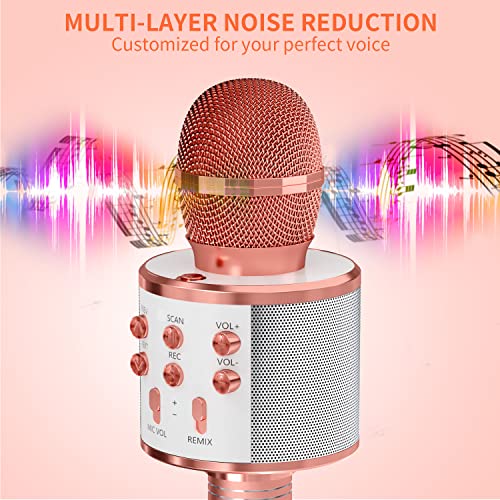 GIFTMIC Kids Microphone for Singing, Wireless Bluetooth Karaoke Microphone for Adults, Portable Handheld Karaoke Machine, Toys for Boys and Girls Gift for Birthday Party (Rose Gold)