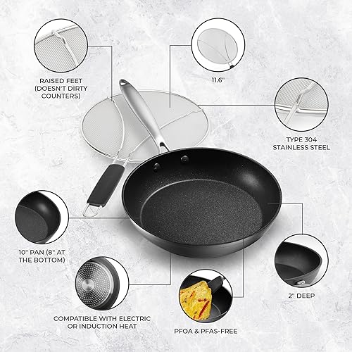 Frying Pans Nonstick - 10" Non Stick Frying Pan with Lid Splatter Screen - Lightweight Aluminum Fry Pan Skillet Includes Spatula - 2" Deep Egg Pan, PFAS-Free and PFOA Free, Dishwasher Safe, Oven Safe
