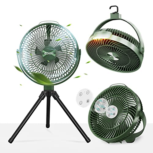 EDON Portable Camping Fan with LED Lantern, 270° Rotation Rechargeable Battery Operated Fan, 10" Desk Fan with Tripod, Remote Control, 3 Speeds Tent Fan for Camping, Outdoor