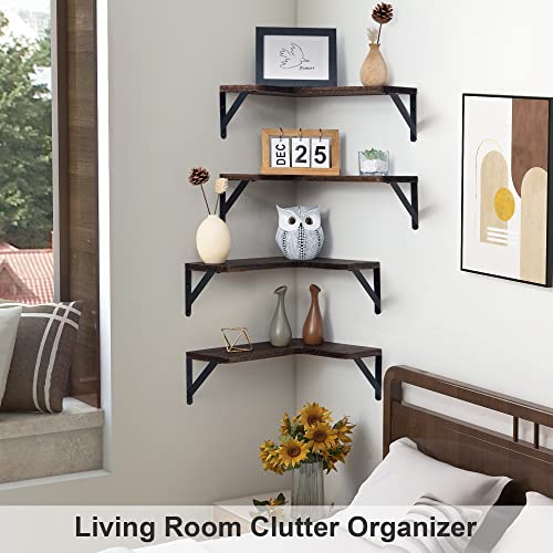 Marsmiles Corner Floating Shelves, Corner Wall Shelves Set of 4, Wall Mounted Corner Storage Display Shelving for Bathroom, Bedroom, Living Room, Kitchen, 16" W x 11-2/5" D, L-Shaped, Rustic Brown