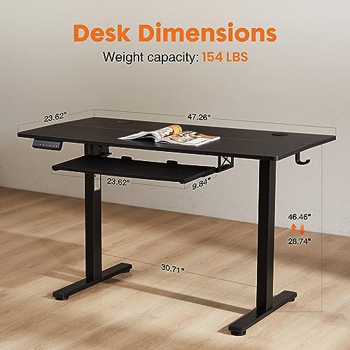 Sweetcrispy Standing Desk with Pull Out Keyboard Tray-48 in Electric Standing Desk, Height Adjustable Stand Up Desk for Home Office, Sit Stand Desk Stable Computer Rising Desk, 2 Storage Hooks, Black