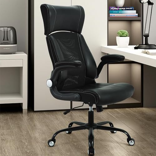 Home Office Chair, Ergonomic Desk Chair with Flip-Up Arm, Office Mesh Chair Leather Computer Chair High Back with Lumbar Support Executive Height Adjustable Rolling Swivel Task (Black)
