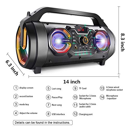 Bluetooth Speaker, 30W Portable Bluetooth Boombox with Subwoofer, FM Radio, RGB Colorful Lights, EQ, Stereo Sound, Booming Bass, 10H Playtime Wireless Outdoor Speaker for Home, Party, Travel, Camping