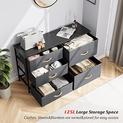 Nicehill Dresser for Bedroom with 5 Drawers, Storage Drawer Organizer, Wide Chest of Drawers for Closet, Clothes, Kids, TV Stand with Storage Drawers, Wood Board, Fabric Drawers(Black Grey)