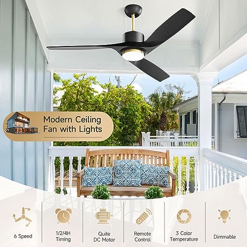 52 Inch Black Ceiling Fans with Lights Remote Control, Modern Large Outdoor Ceiling Fan with Dimmable LED Light, Reversible DC Motor, High CFM Outdoor Solid Wood Ceiling Fans for Patios Gazebo Bedroom