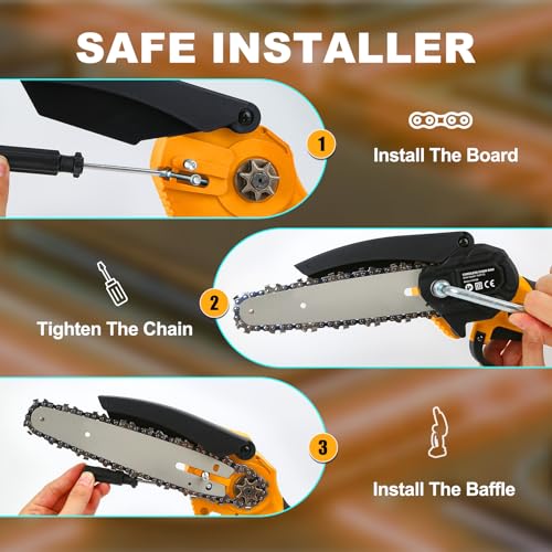 CKEVE Mini Chainsaw 6-Inch, Cordless Electric Chain Saw Battery Powered with Safety Lock for Garden Tree Trimming, 250W Motor, 2 Chains, 2 Rechargeable Battery 20V 2000mAh, Gloves Included, Orange