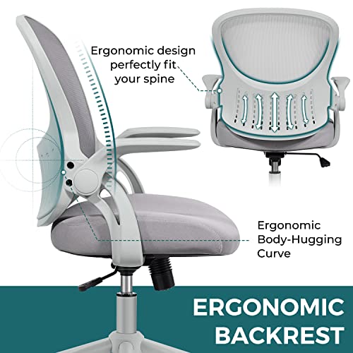 Home Office Chair Ergonomic Desk Chair Mesh Computer Chair Modern Height Adjustable Swivel Chair with Lumbar Support/Flip-up Arms, Grey