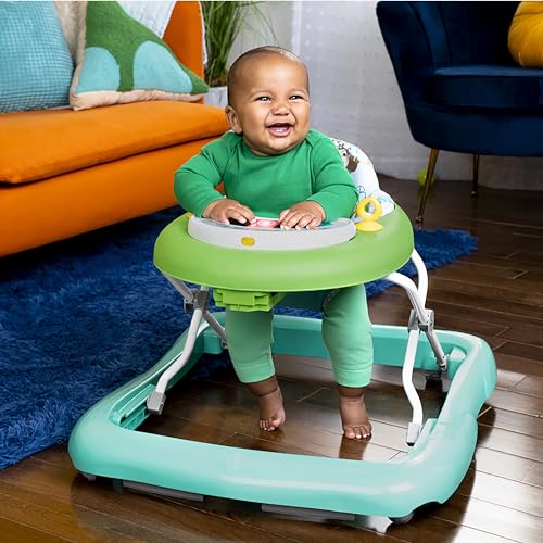 Bright Starts Tiny Trek 2-in-1 Baby Activity Walker with -Toy Station, Adjustable Height and Easy-Fold Frame, Jungle Vines Age 6 Months+